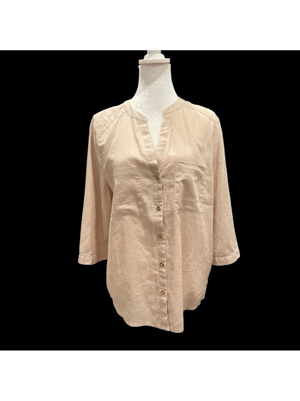 Harve Bénard Washable Linen Pale Mauve Button Front V neck gold buttons Top L